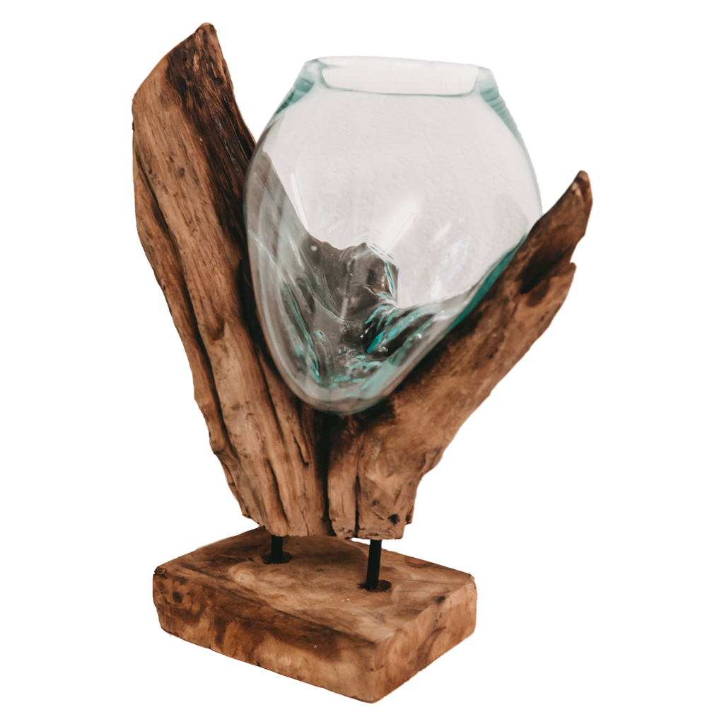 Teak root with glass vase stand small