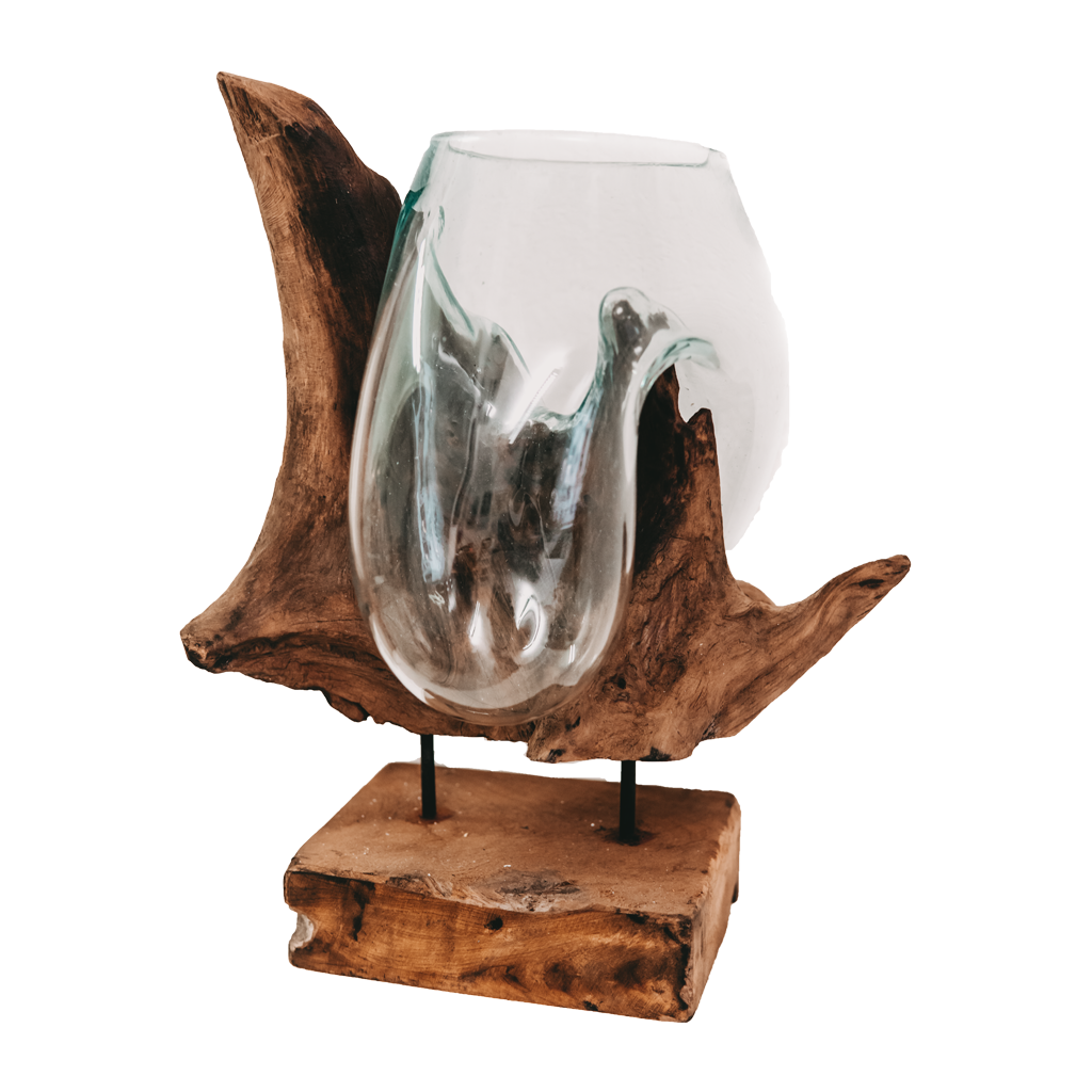 Teak root with glass vase stand small