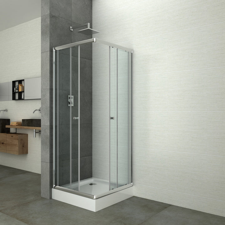 Corner shower cabin with two sliding doors, chrome in 2 different sizes