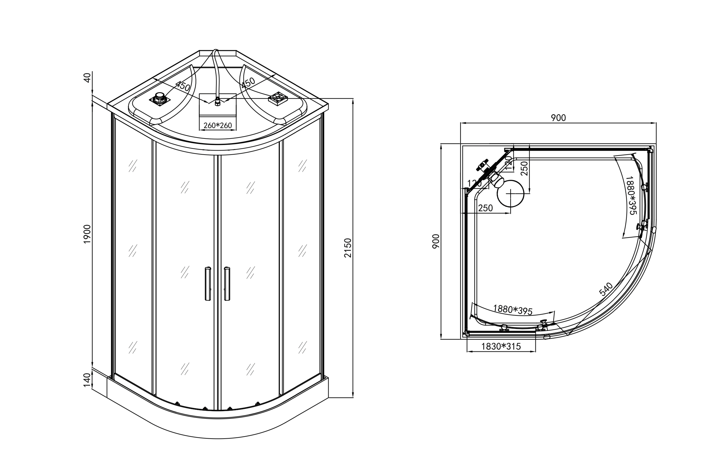 Complete shower cabin TREND 1 with quick assembly 90 x 90 x 215 cm